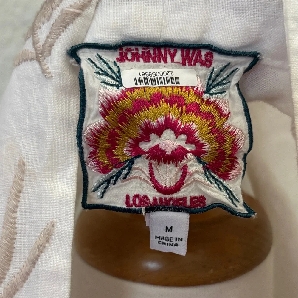 Johnny Was Ceretti Linen Cropped White Kimono with Floral Embroidery Size Medium - Picture 2 of 8